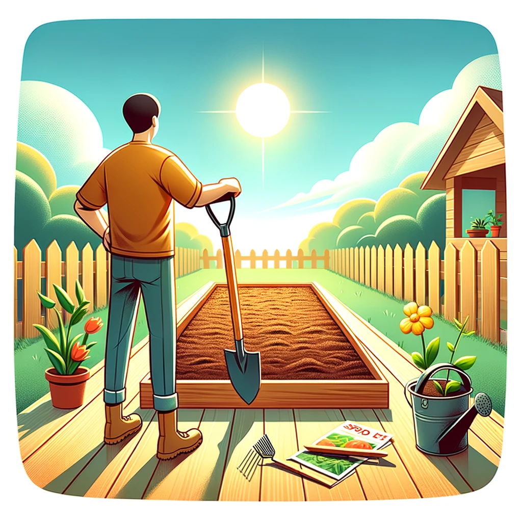 ·E 2024 03 09 23.58.49   A cheerful and inviting image of a person standing in their backyard, looking at a small plot of bare soil with a garden spade in hand, ready to start.webp