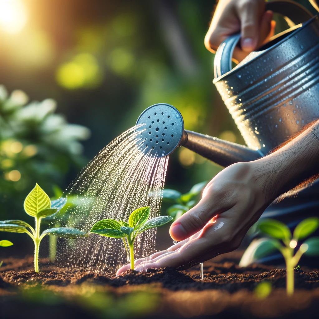 ·E 2024 03 09 23.58.51   An educational image depicting a person gently watering a garden with a watering can, focusing on young plants that have just been planted. This scene.webp