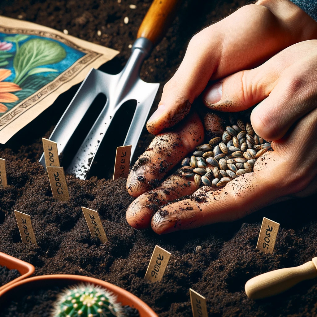 ·E 2024 03 09 23.58.56   A hands on tutorial image showing a close up of hands planting seeds into the soil in a garden bed. The hands are carefully spacing the seeds, with sm.webp