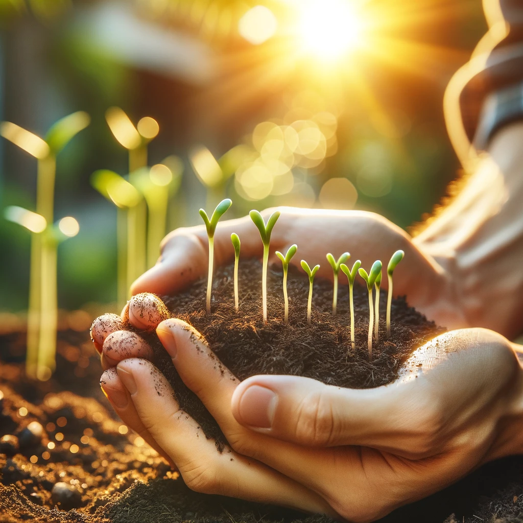 ·E 2024 03 09 23.58.57   An uplifting image capturing the moment of joy as a gardener admires the first sprouts emerging from the soil in their garden. This significant milest.webp