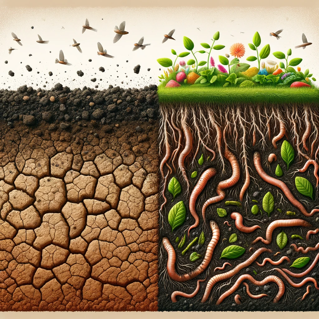 ·E 2024 03 10 03.17.11   A creative illustration showing the transformation of poor, compacted soil into rich, fertile ground through the addition of organic matter. The image.webp