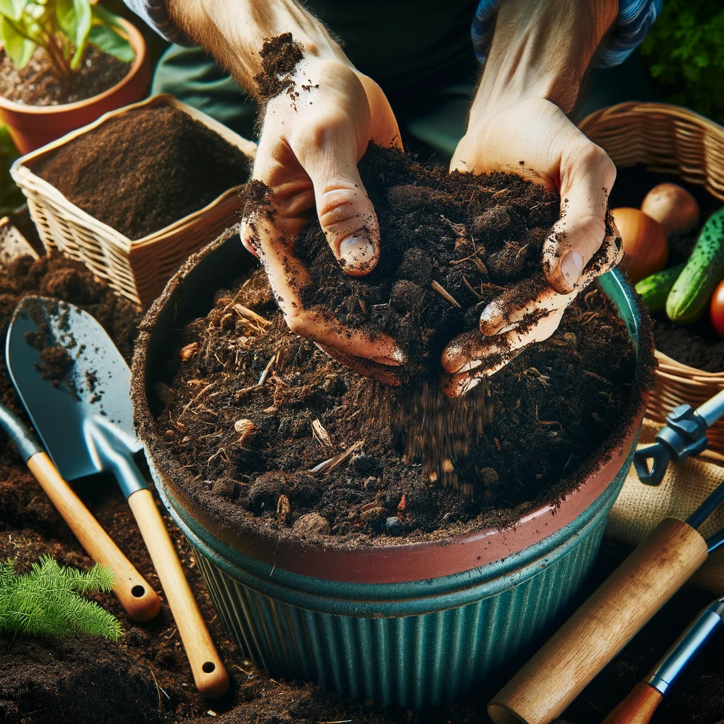 ·E 2024 03 10 03.17.15   A detailed image of a gardener's hands mixing organic compost into a garden bed, illustrating the process of improving soil quality. The compost is ri.webp