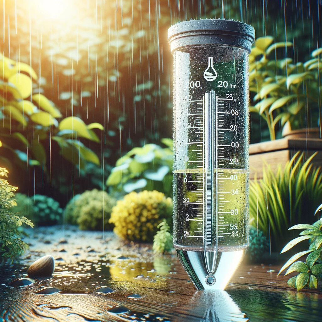 ·E 2024 03 10 03.22.16   A close up image of a rain gauge in a garden after a rainfall, showing the water level measurement. This practical tool is essential for gardeners to .webp