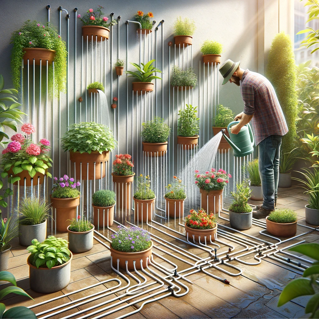 ·E 2024 03 10 03.22.19   An instructional image of a gardener using a drip irrigation system to water a series of potted plants. The system consists of a network of thin tubin.webp