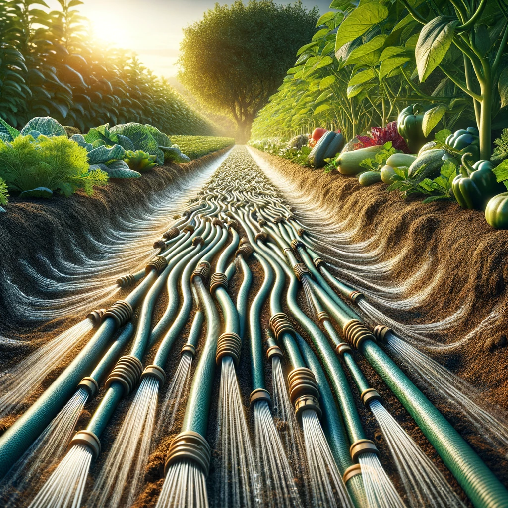 ·E 2024 03 10 03.22.21   A detailed image showing a soaker hose laid out among vegetable rows in a garden, efficiently watering the plants at their roots. This image exemplifi.webp