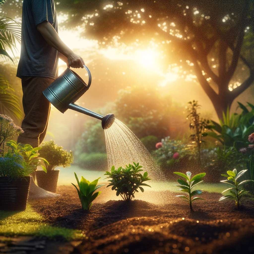 ·E 2024 03 10 03.22.22   A serene image of a garden at dawn, with a gardener using a watering can to gently water a variety of plants. The soft morning light highlights the wa.webp