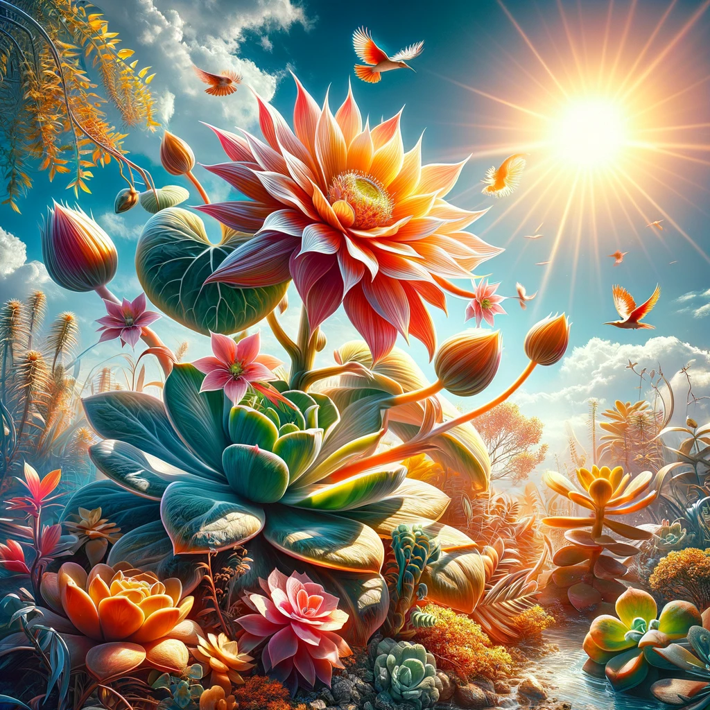 ·E 2024 03 10 03.28.14   A close up image of a sun loving plant, such as a vibrant flower or succulent, thriving in full sunlight. The plant is shown in a garden setting, with.webp