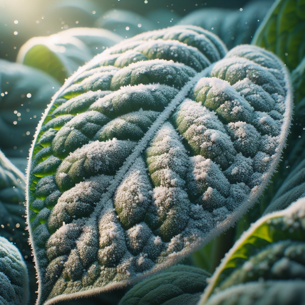 ·E 2024 03 10 03.35.37   A detailed image showing a close up of a plant leaf with visible signs of powdery mildew, a common fungal disease. The leaf is covered in a white, pow.webp