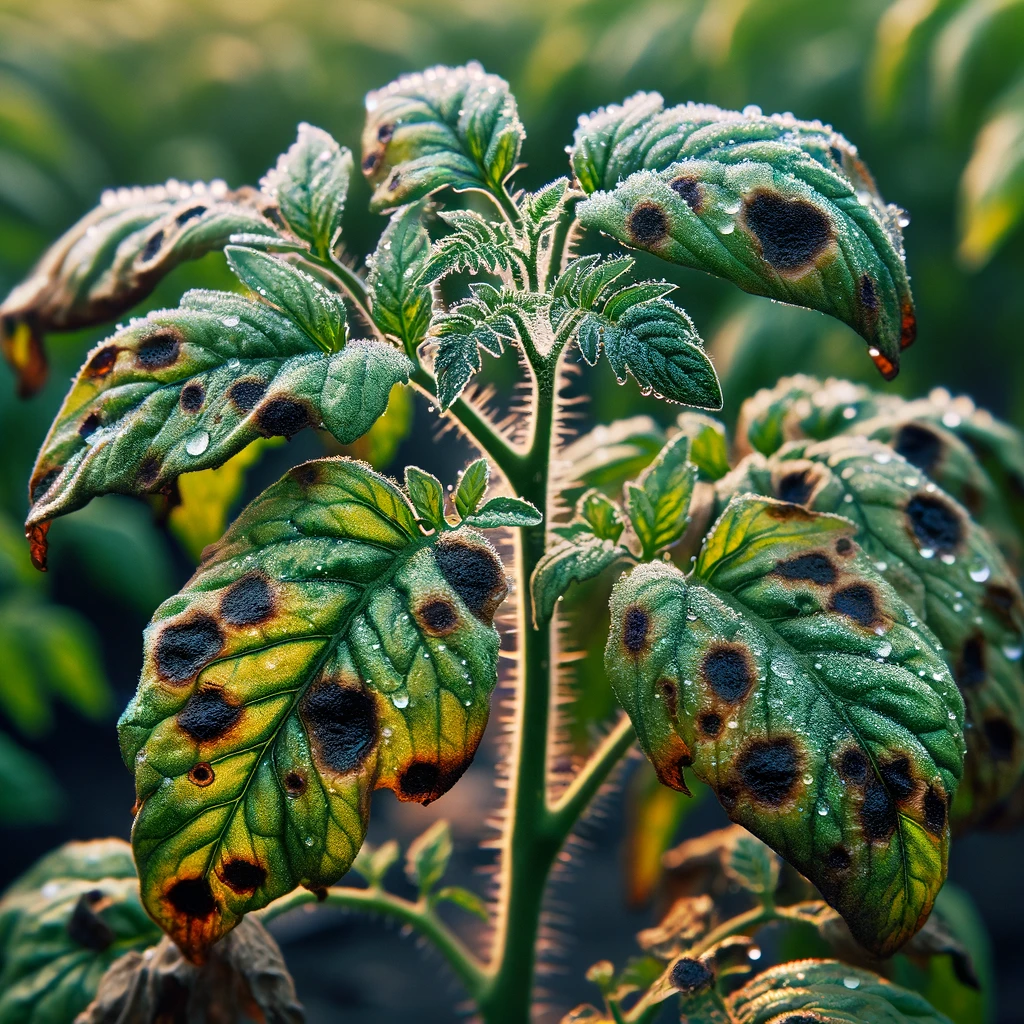 ·E 2024 03 10 03.35.39   A close up image showing a tomato plant with symptoms of blight, a destructive plant disease. The leaves and stems display dark, water soaked spots, p.webp