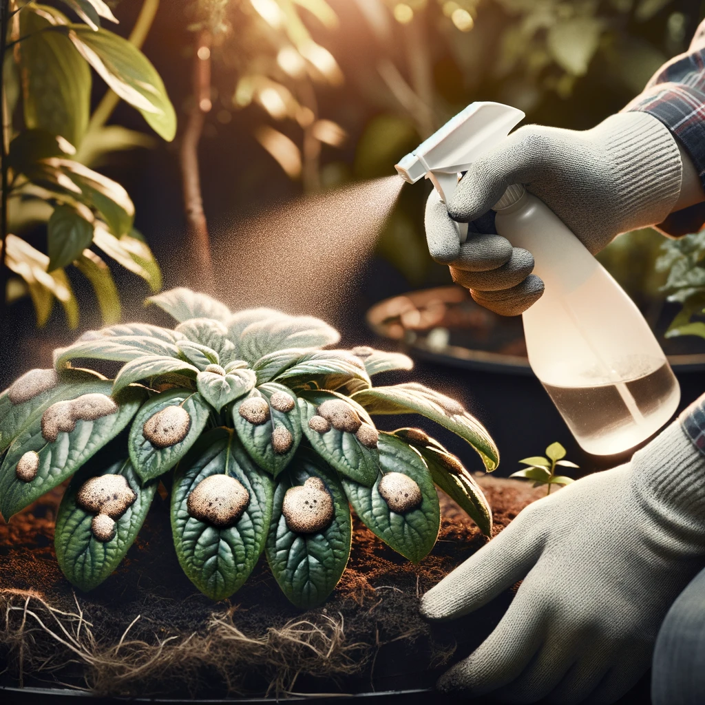 ·E 2024 03 10 03.35.40   An image capturing the process of treating a plant with a fungal infection using a spray bottle filled with a natural fungicide solution. The gardener.webp