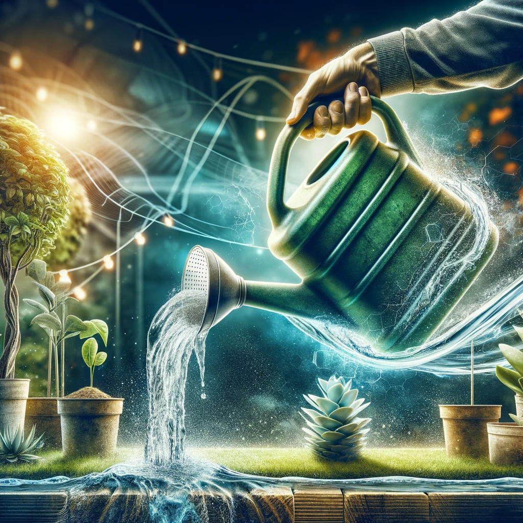 ·E 2024 03 10 03.45.46   A dynamic image showing the process of mixing liquid fertilizer in a watering can, preparing it for application to garden plants. The gardener is pour.webp