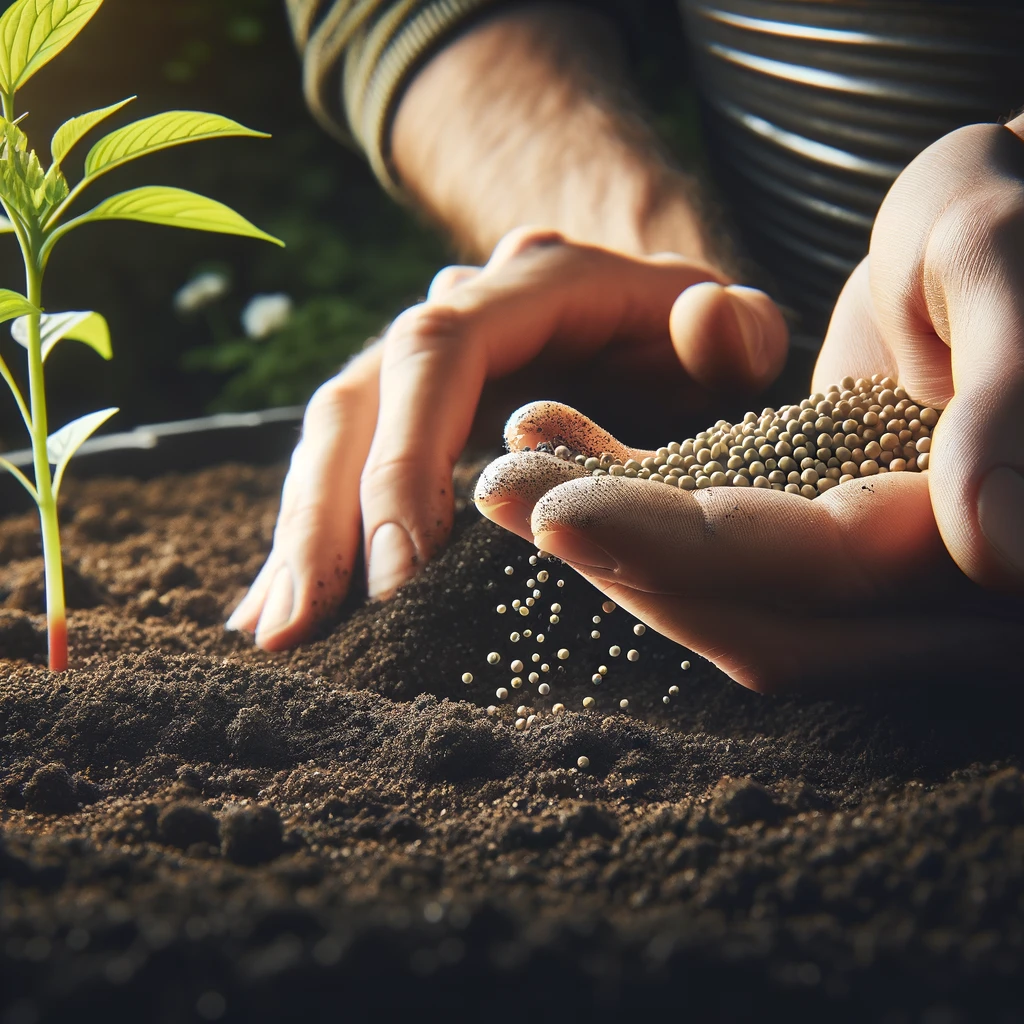 ·E 2024 03 10 03.45.48   A close up image of a gardener's hands applying granular fertilizer to the soil around a plant, illustrating one of the essential fertilization techni.webp